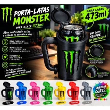 Porta Lata Monster para latas de 473ml e abridor de latas, impressão 3D vária cores
