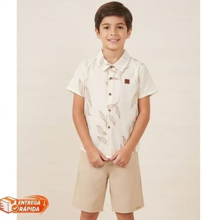 Conjunto Infantil Masculino, Camisa social e Bermuda em linho. Conjunto social para menino marca Ioluig
