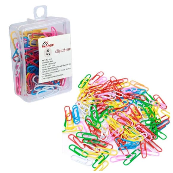Kit 80 Clips Coloridos de Aço Para Papel 28mm Revestido em Plástico