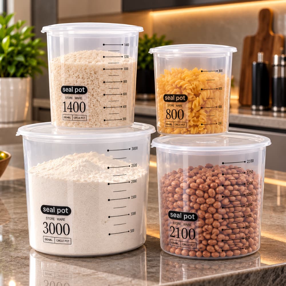 Kit 4 Potes Herméticos com Tampa 880ml 1,4L 2,1L 3L Organizador Cozinha Despensa