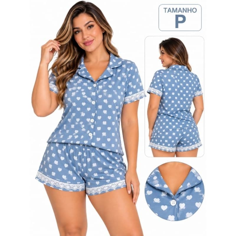 Baby Doll Feminino 100% Algodão Premium com Renda | Pijama Curto Estampa Corações | Confortável / amamentar p cirúrgico