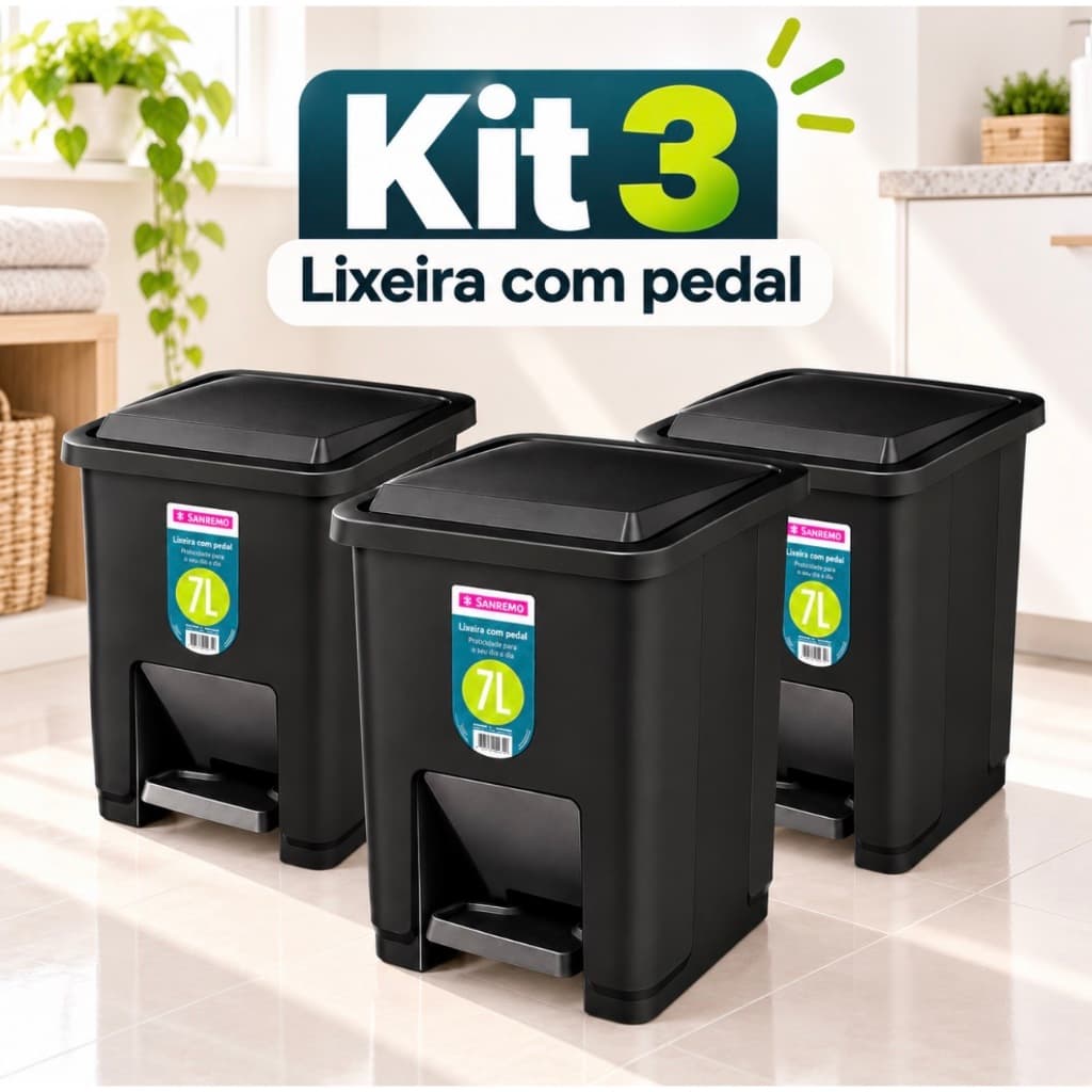 Kit 3 Lixeira para Banheiro Pequena com Pedal 7 Litros Plástico Reforçado Sanremo