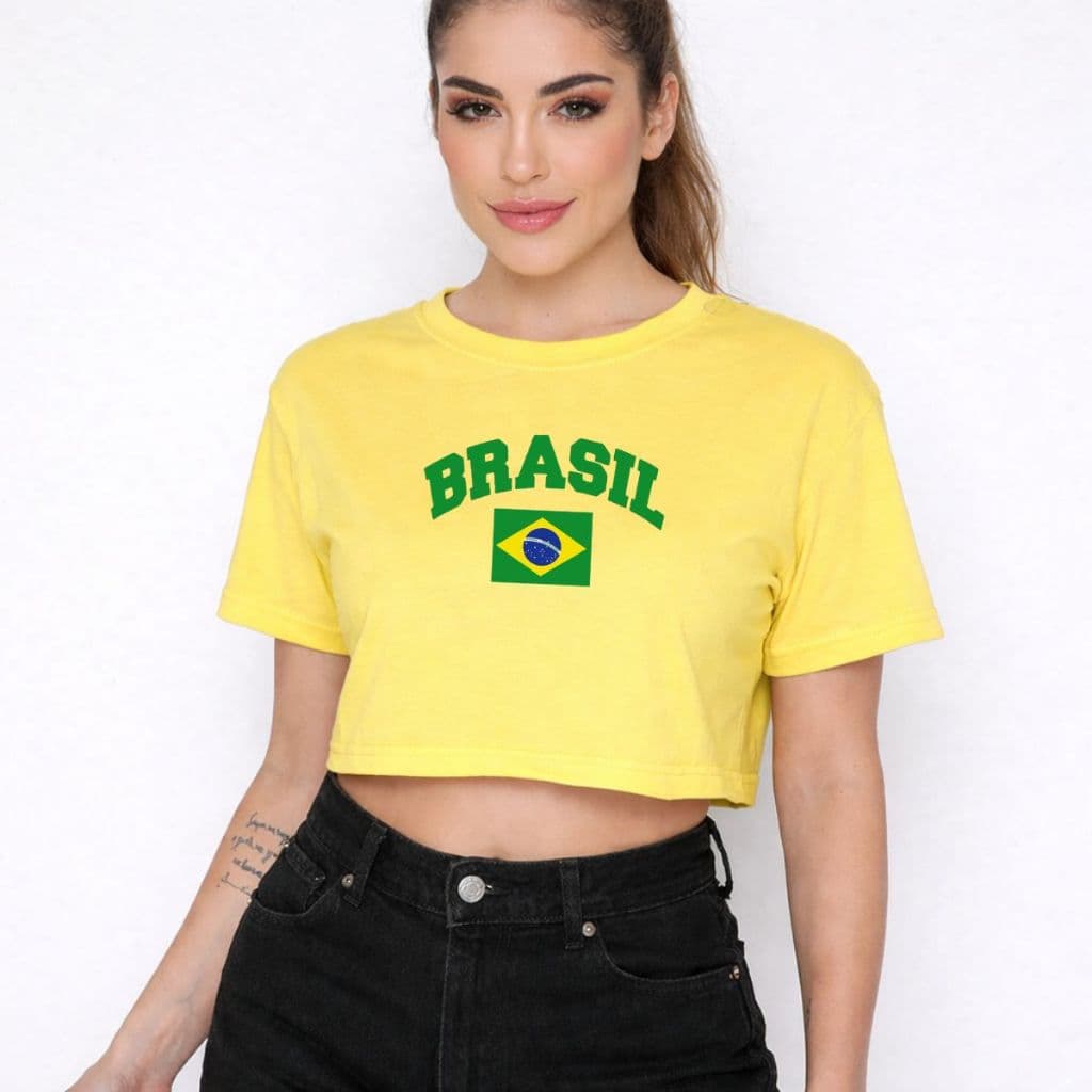 Cropped Feminino Estampado Brasil Seleção Brasileira Top Camiseta em Tecido de Algodão Leve e Confortável