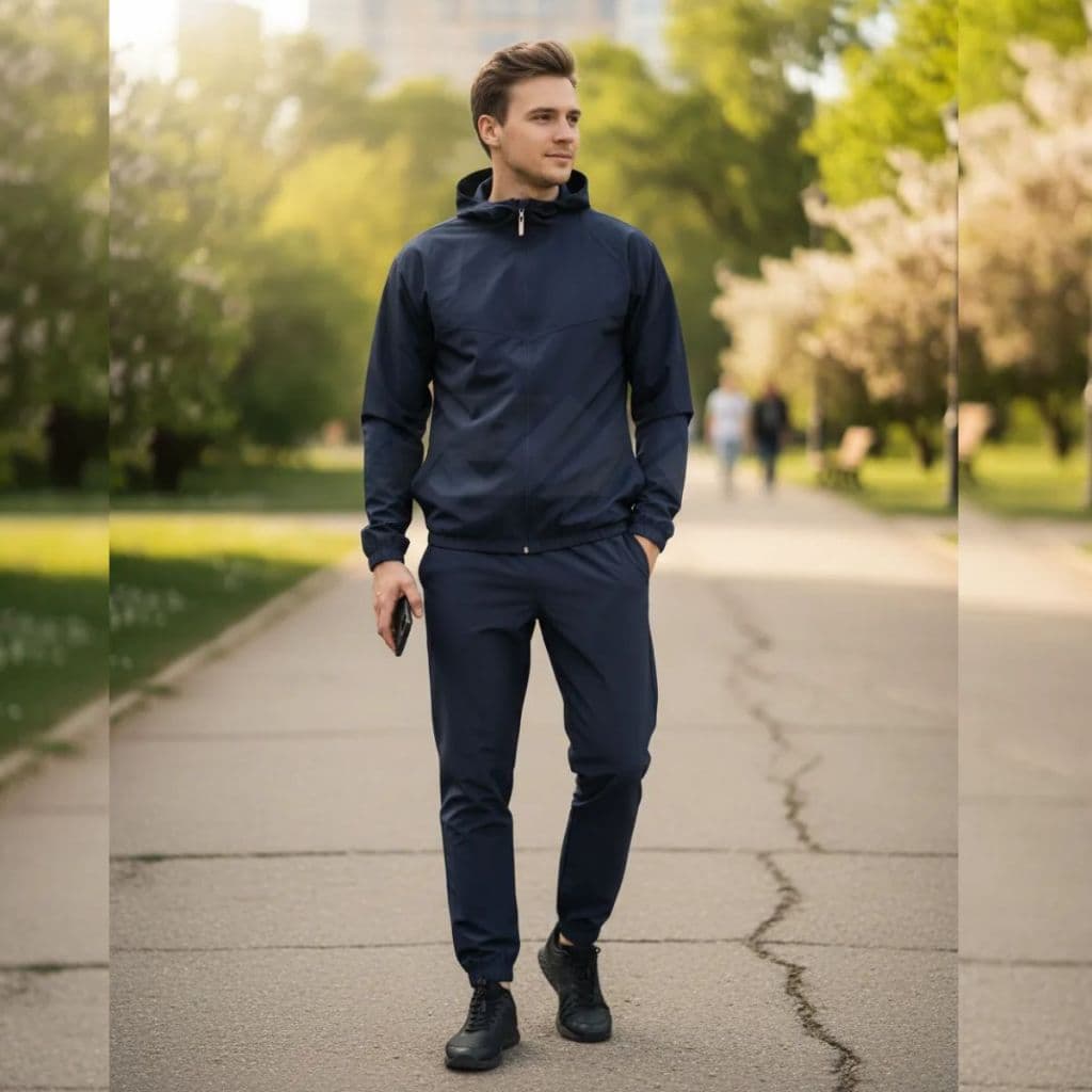 Conjunto Preto Com Capuz Elastano Calça + Corta Vento