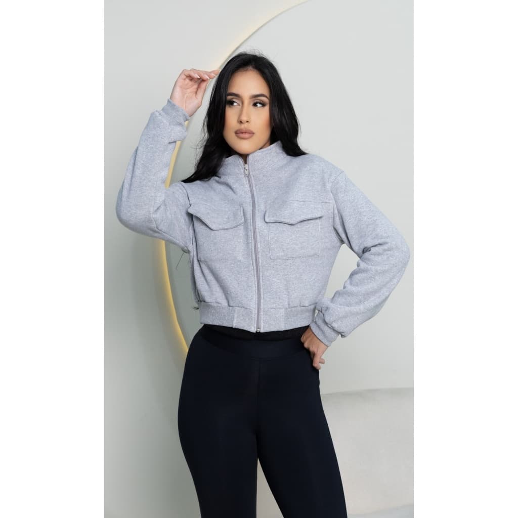 Moletom Cropped Casaco Feminino de Manga Longa com Zíper e bolso  para Outono-Inverno