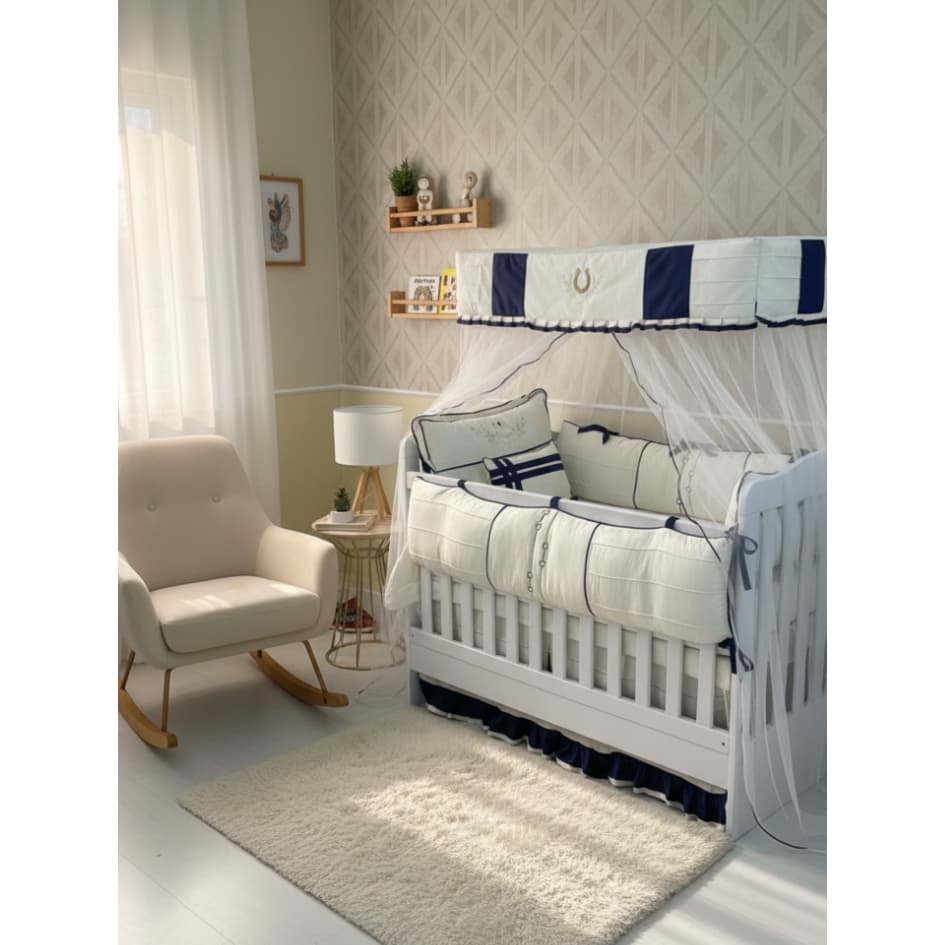Kit Berço Americano Cavalinho 7 Peças 100% Linho Luxo Bordado Menino Com Mosquiteiro Azul Marinho