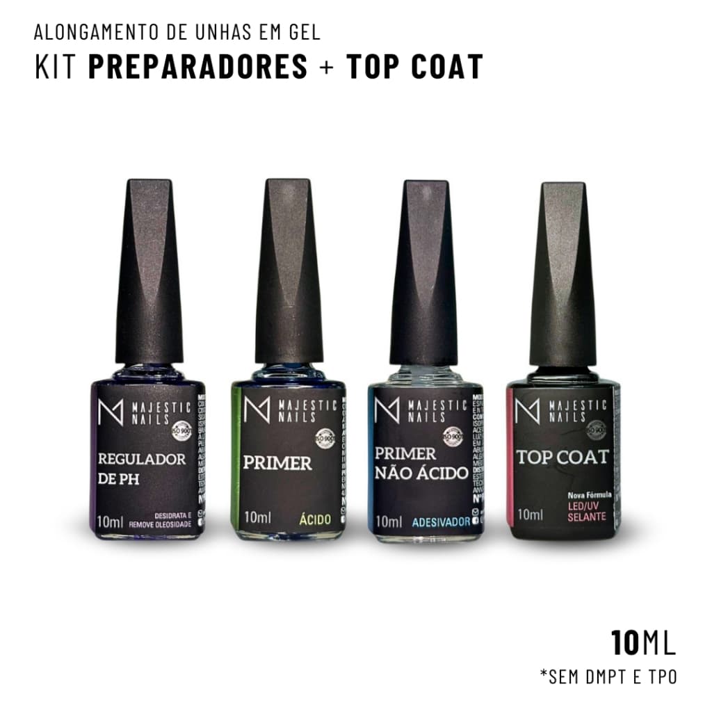 KIT 3 PREPARADORES + 1 TOP COAT | Alongamento de unha GEL, Primer, Primer não ácido, Regulador de PH