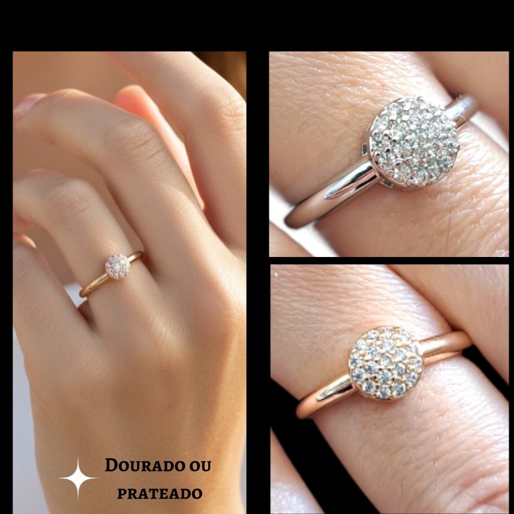 Anel Solitário Feminino Chuveiro Cravejado Aço  Banhado Ouro-Prata/Verniz Italiano, Brilho e Luxo