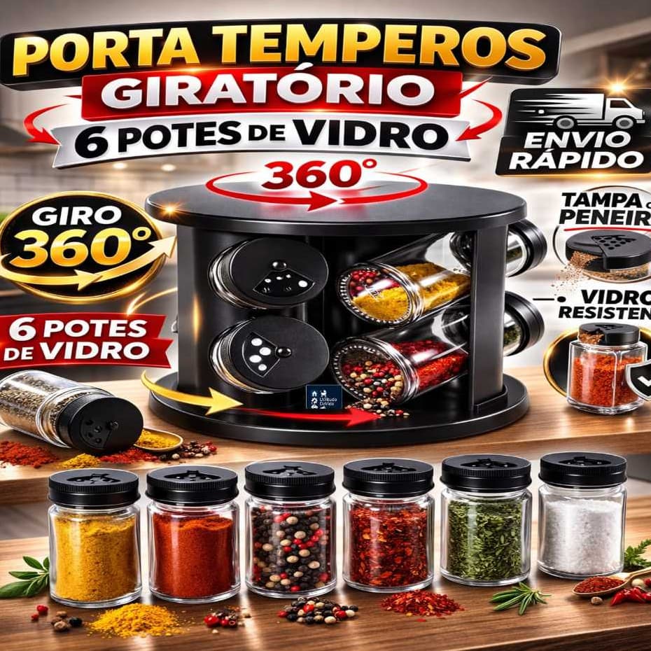 Porta Condimentos  Giratório Com 6 Potes De Vidro