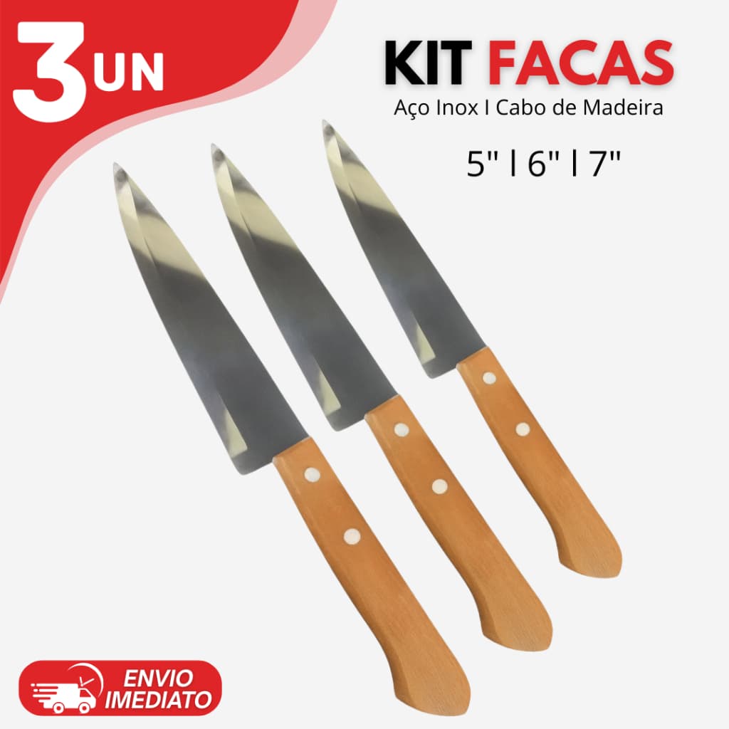 Kit 3 Facas Inox 5 6 7 Polegadas Cabo Madeira Cozinha Profissional Aço Inox