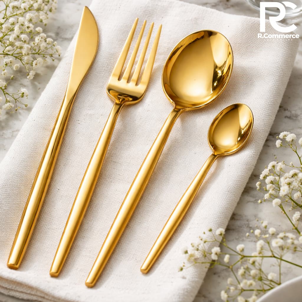 Conjunto Talheres Faqueiro 24 Peças Dourado Ouro Aço Inox Premium Mesa Posta Jantar Festa Luxo