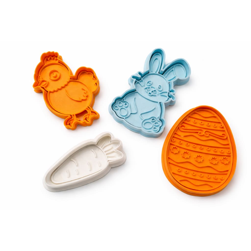 Kit 4 Cortadores de Biscoito Páscoa 3D Coelho Ovo Pintinho Cenoura – Molde para Pasta Americana