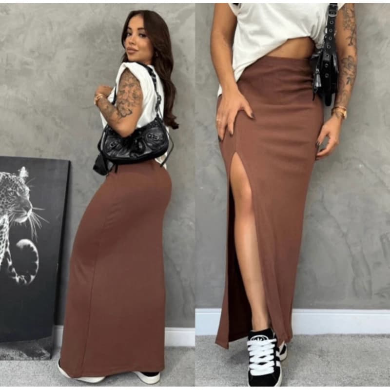 Saia Midi Canelada com Fenda Lateral Cintura Alta Elegante e Confortável Tendência Para o Trabalho Estilosa