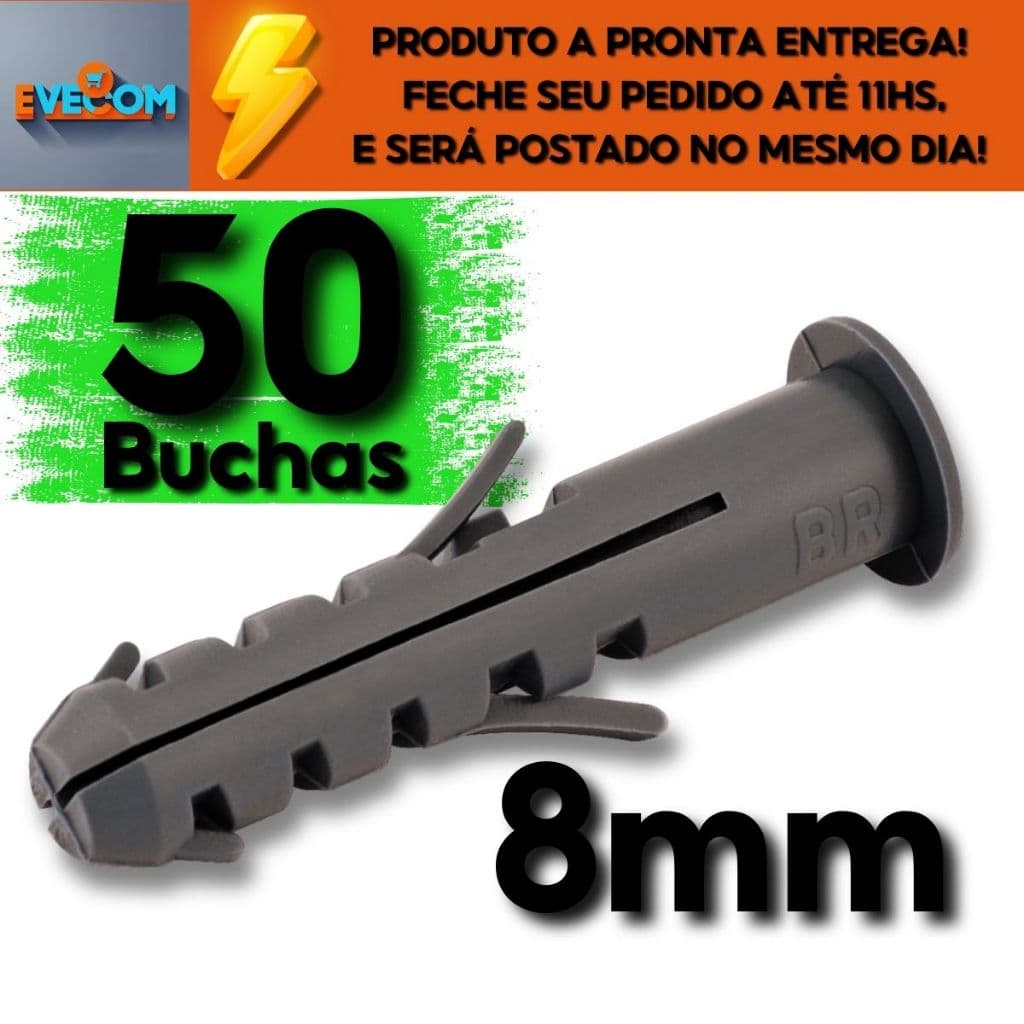50 Peças Buchas 08mm de Fixação com Anel Para Concreto Parede Alvenaria Armarios Cantoneiras