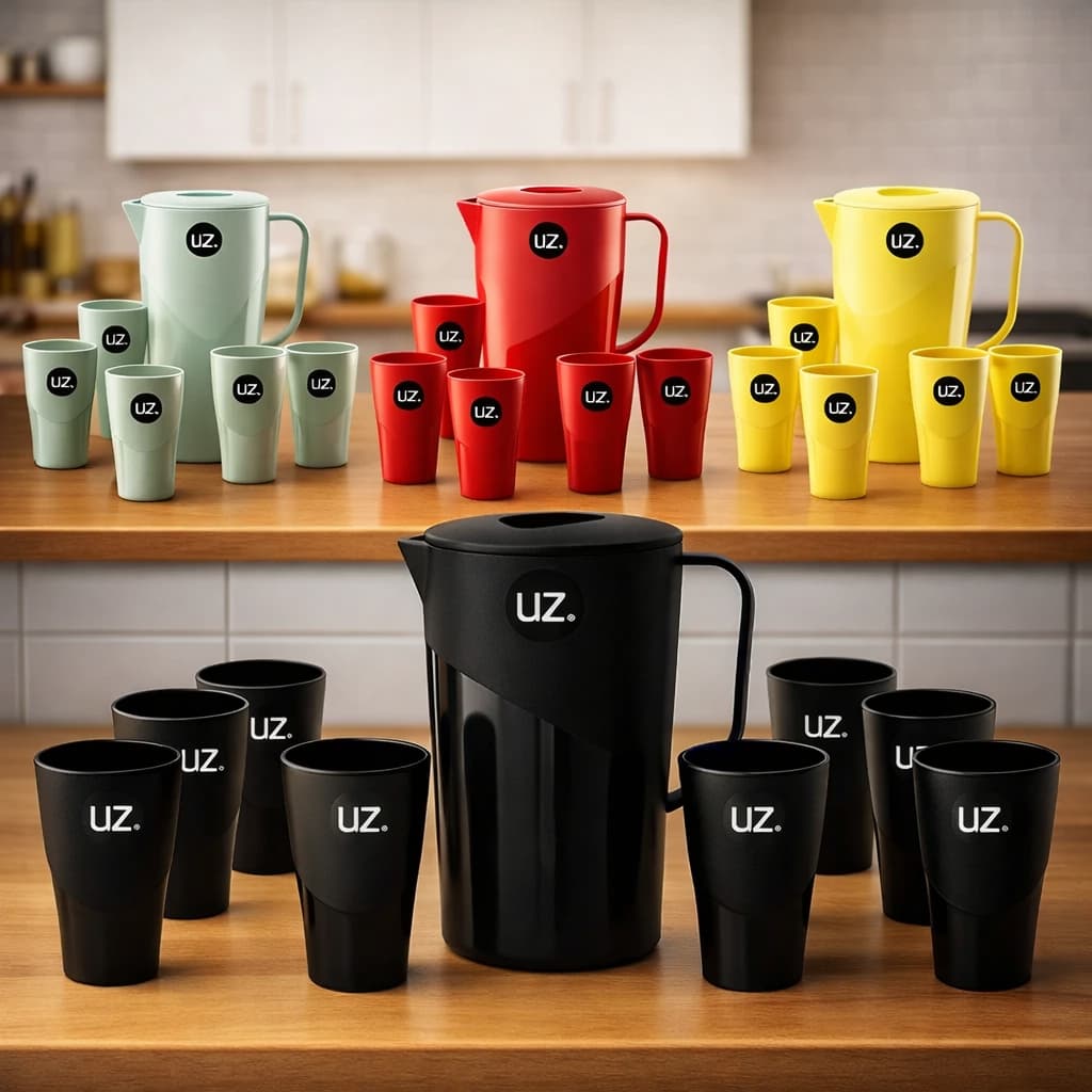 Kit Jarra 2L Com 6 Copos UZ Suqueira Plástico Resistente Jarra Para Suco Água Cozinha Moderna