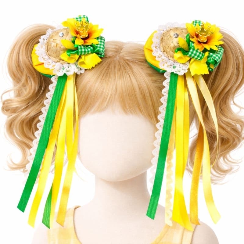 Par Laço Junino Infantil Rainha do Milho Luxo 25cm Verde e Amarelo com Chapéu