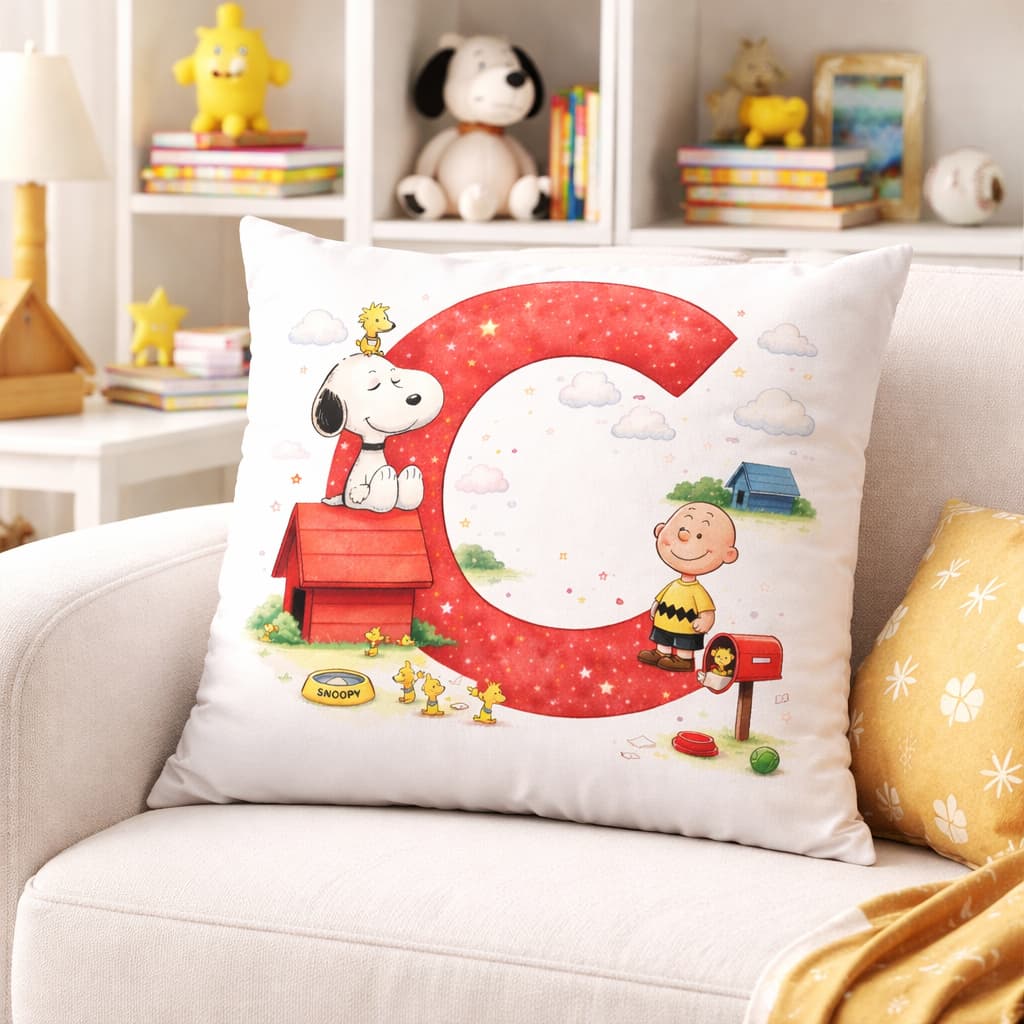 CAPA DE ALMOFADA PERSONALIZADA INICIAL INFANTIL SNOOPY - TAMANHO 45X45