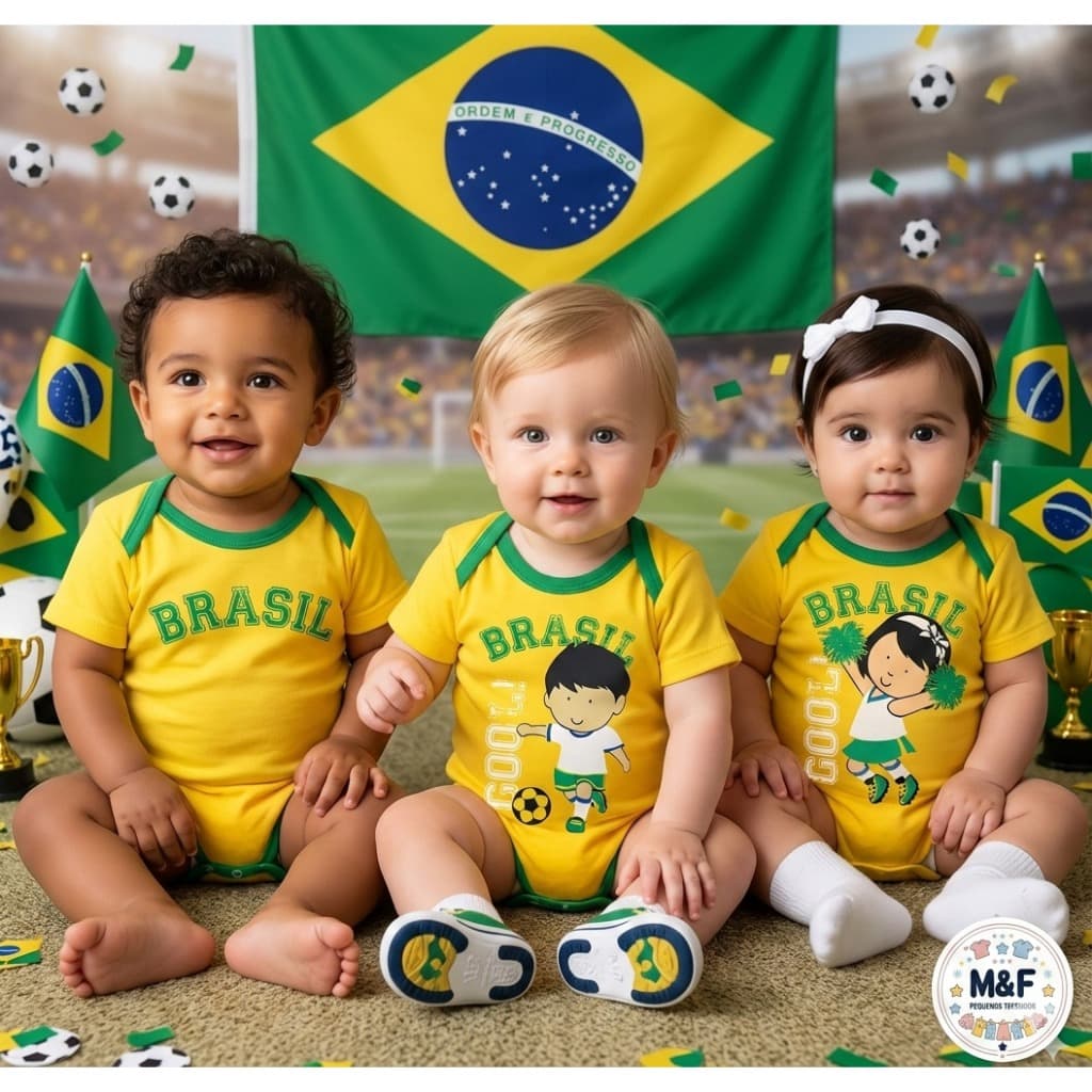 Body Bebê Brasil Primeira Copa Temático Mêsversario Copa do Mundo - Body Manga Curta Seleção Brasileira  Menino Menina