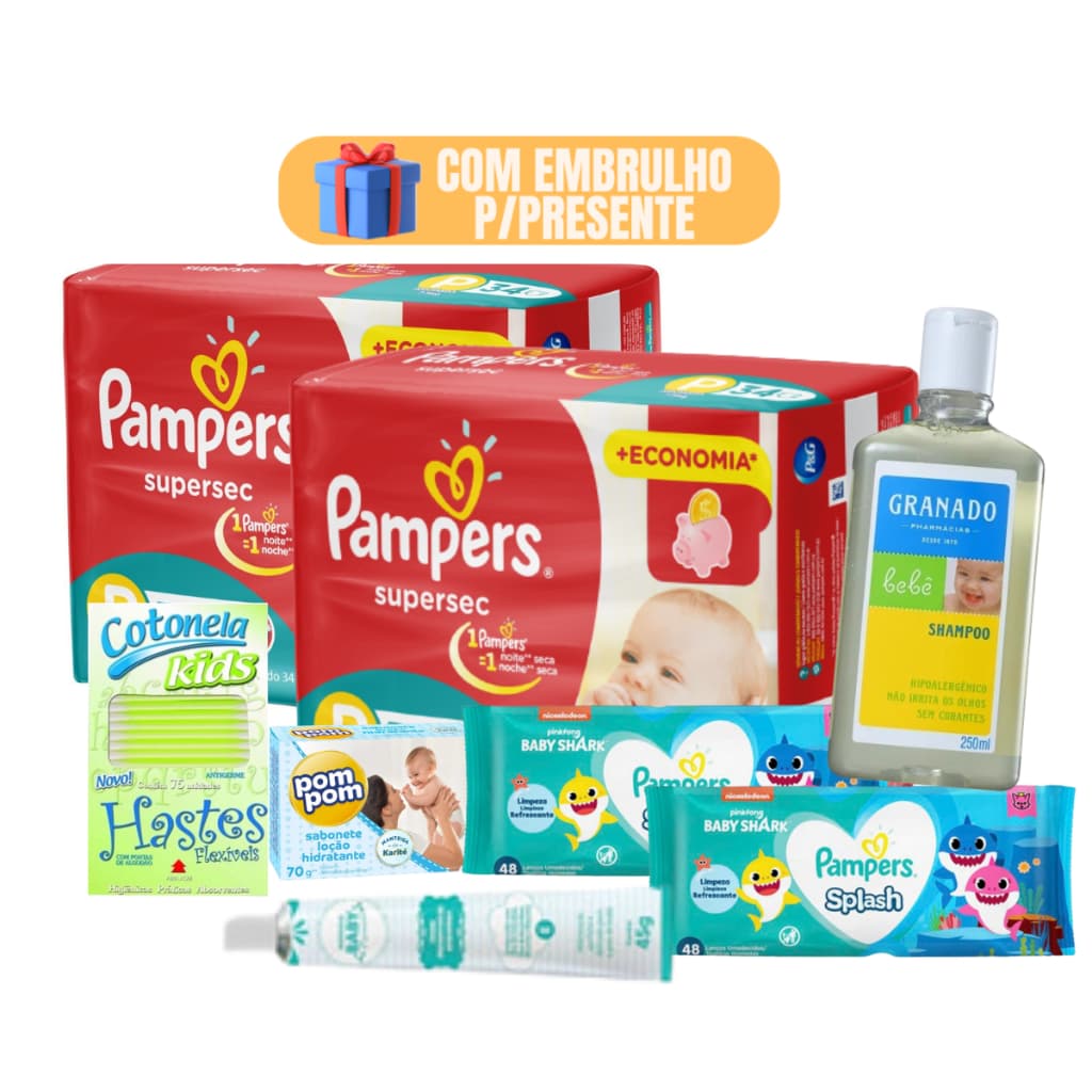 Kit Higiene Bebe Recem Nascido Fralda Pampers Shortinho Shampoo Granado Chá de Bebê