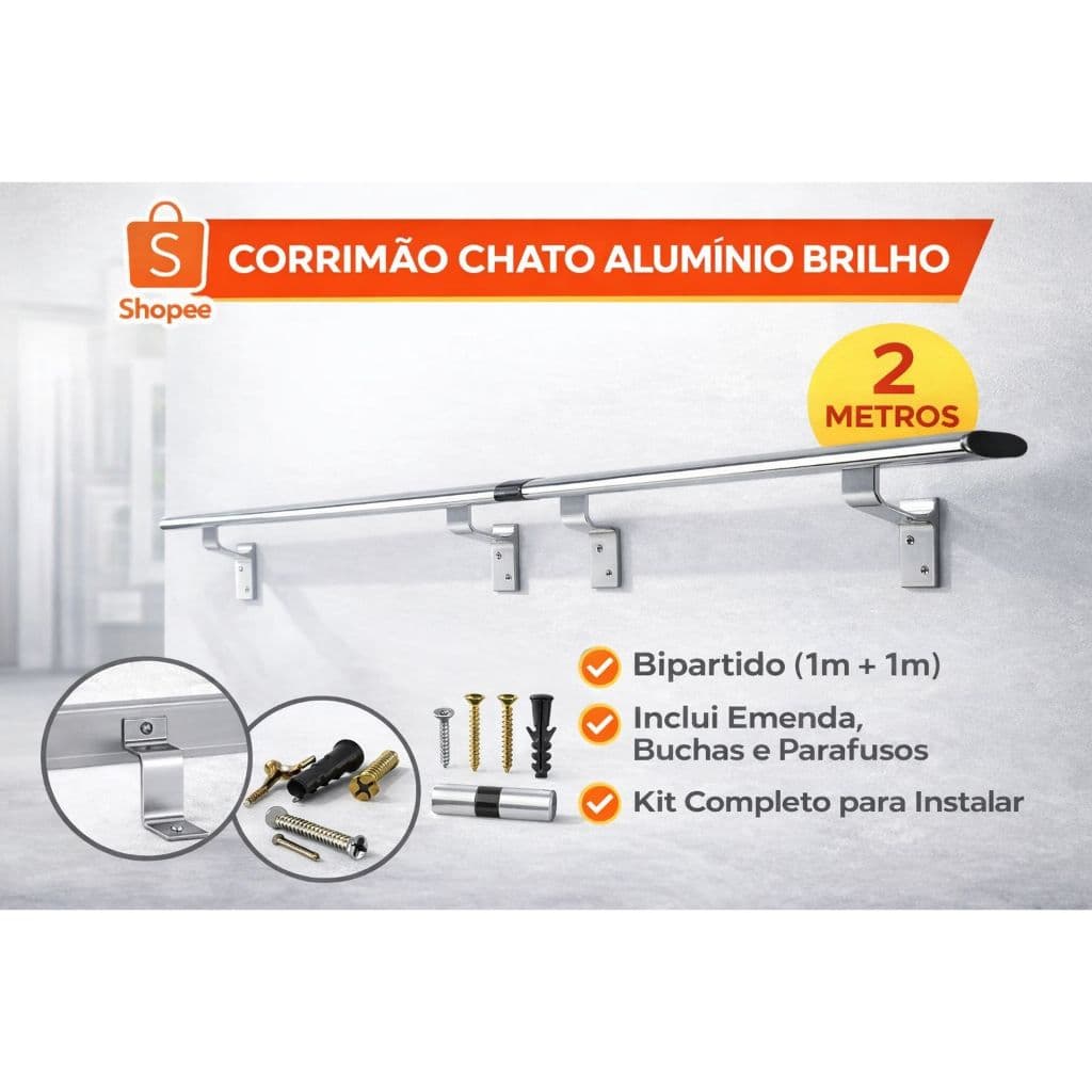 Corrimão Aluminio Chato 2 Metros Reforçado Completo