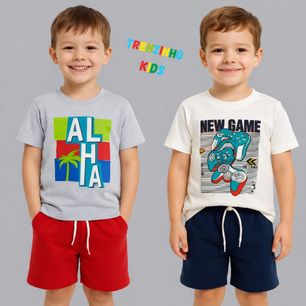Kit 8 Peças Conjunto Infantil Masculino Camisa e Bermuda 10 a 14 Anos Roupa Juvenil