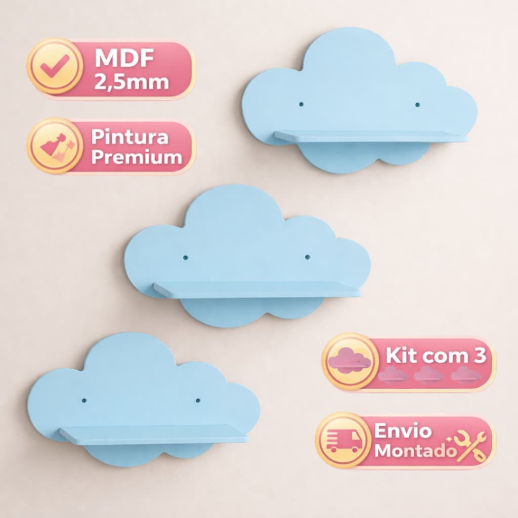 Kit 3 Nichos Nuvem Decorado Mdf Quarto do Bebê
