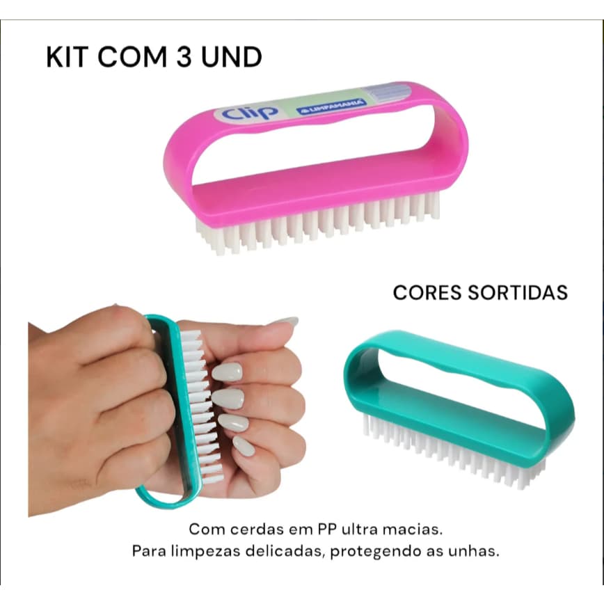 Escova Para Unha - Kit C/ 3 Unidades - Cores Sortidas Aleatorias
