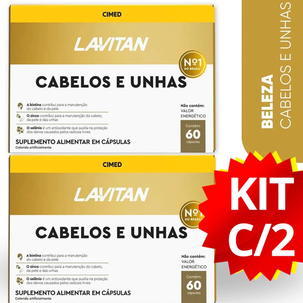 KIT 2 UNID LAVITAN CABELOS E UNHAS 60COMP CADA TOTAL 120 COMPRIMIDOS ORIGINAL