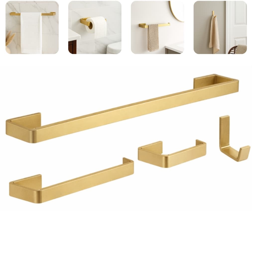 Kit Acessórios 04 Peças Para Banheiro Aço Inox Quadrado Conjunto Dourado Fosco Luxo