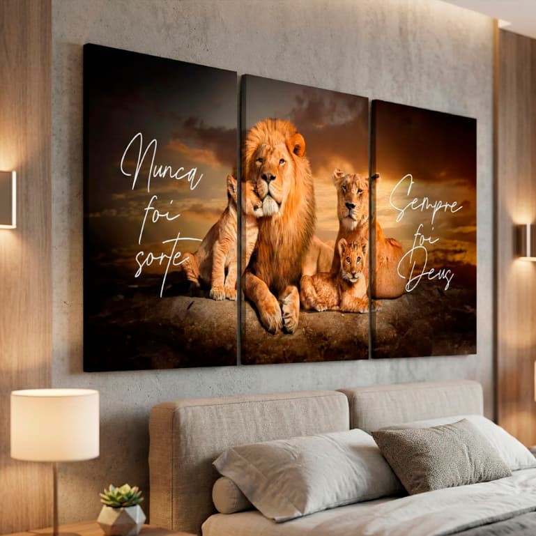 Quadros Decorativos 3 peças Leão Família Leoa 2 Filhos Nunca Foi Sorte Frase Religioso Quarto
