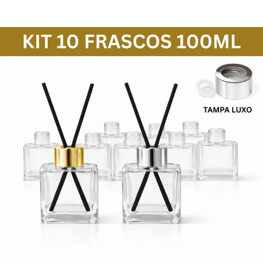 Kit 10 Frascos de Vidro para Aromatizador de Ambiente Cubo 100ml Tampa Luxo Varetas - Lembrancinha