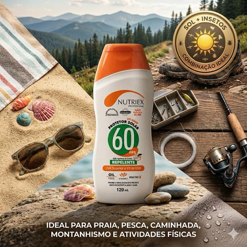 Protetor Solar Fator 60 Nutriex Com Repelente de Insetos 120ml - Ideal Praia Pesca e Trabalho no Sol Resistente à Água