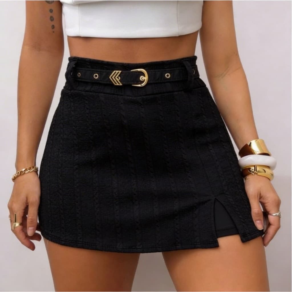 Short Saia Feminino Cintura Alta com Cinto e Fivela – Casual Chic Verão 2026 Sem Transparência Ana Ruga