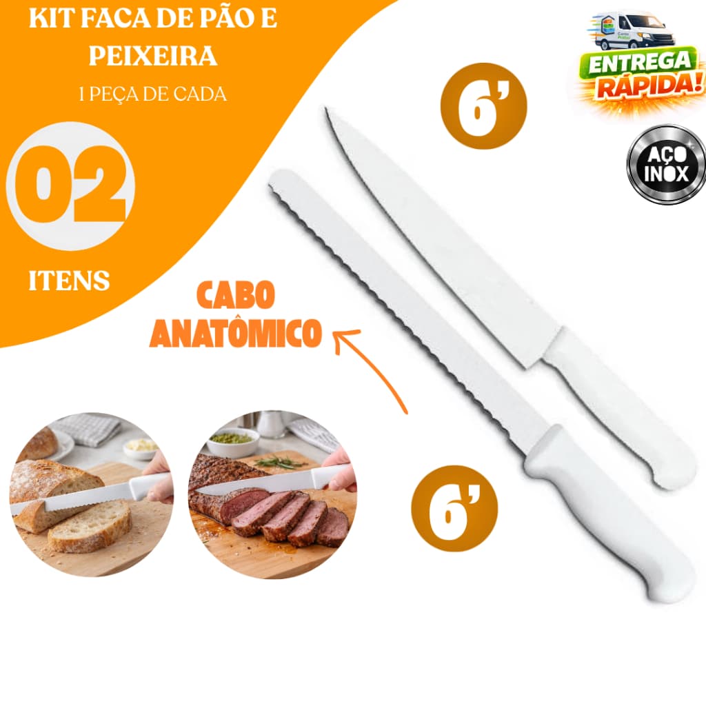 Kit Faca Peixeira E Faca De Pão Inox Corte Perfeito Carne Peixe Casa Uso Geral Profissional