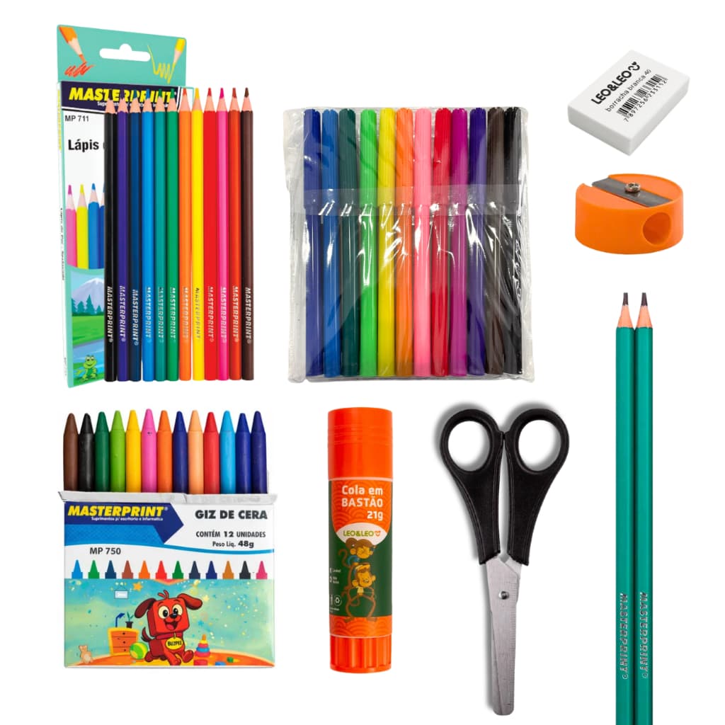 Kit Escolar Lápis Borracha Cola Apontador Tesoura Giz Canetinha Lápis de cor