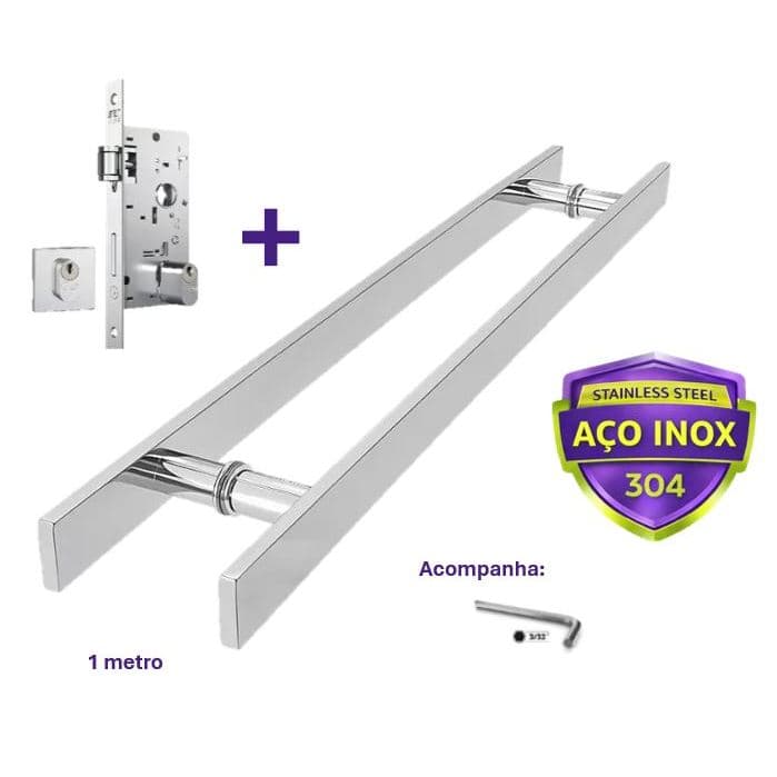 Kit p/ Porta Pivotante Puxador Inox 1metro + Fechadura Rolete Stam