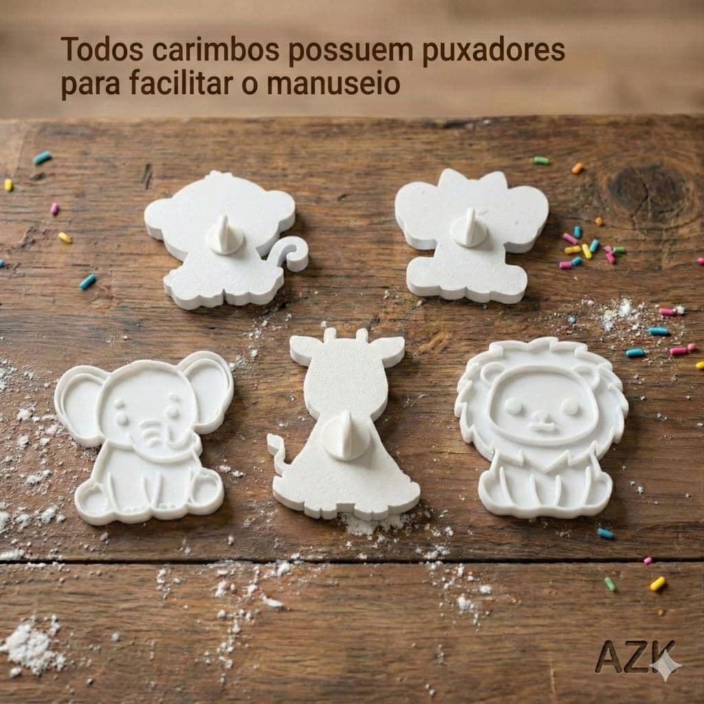 kit  5 cortador e marcador de biscoitos com puxador animais fofinhos
