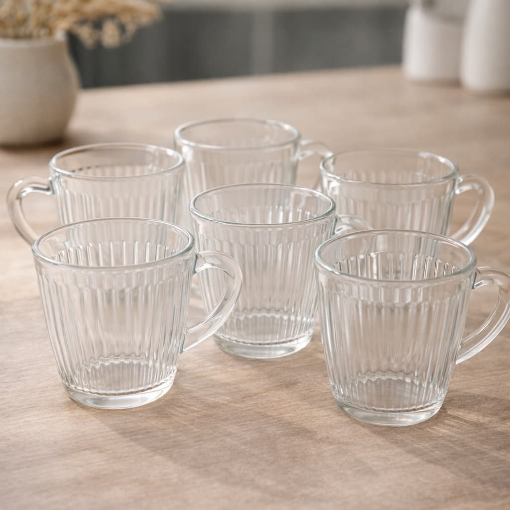 Jogo 6 Canecas de Vidro 160ml Café E Chá Relevo Canelado Conjunto Mesa Posta