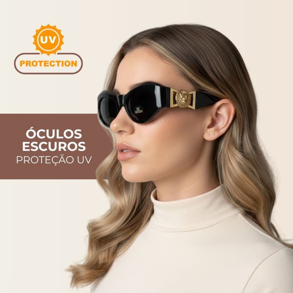 Óculos Escuros Sol Proteção UV Preto Dourado Greco Leão