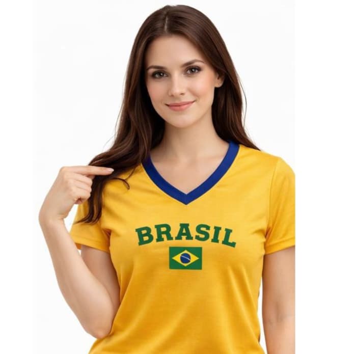Camiseta Baby look Slim Fit Nas Cores do Brasil Camiseta Feminina Amarela