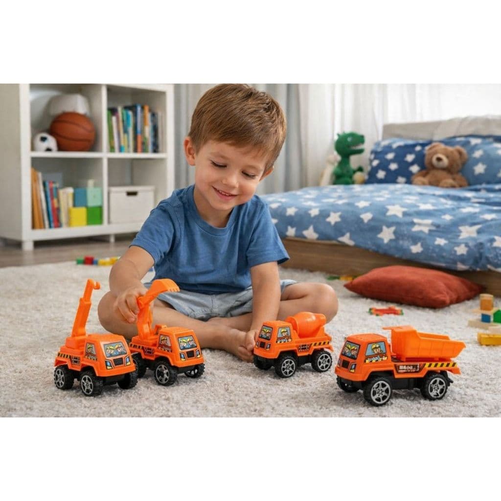 kit Caminhão caçamba escavadeira betoneira e guindaste 1 unidade de cada (4 Brinquedos)