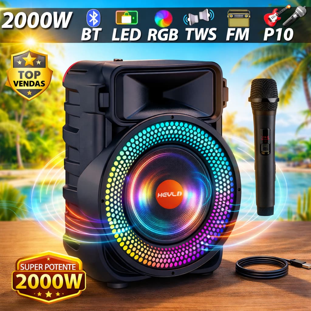 Caixa de Som Bluetooth Portátil Potente 2000w c/Microfone LED RGB TWS FM para Festa Viagem Praia