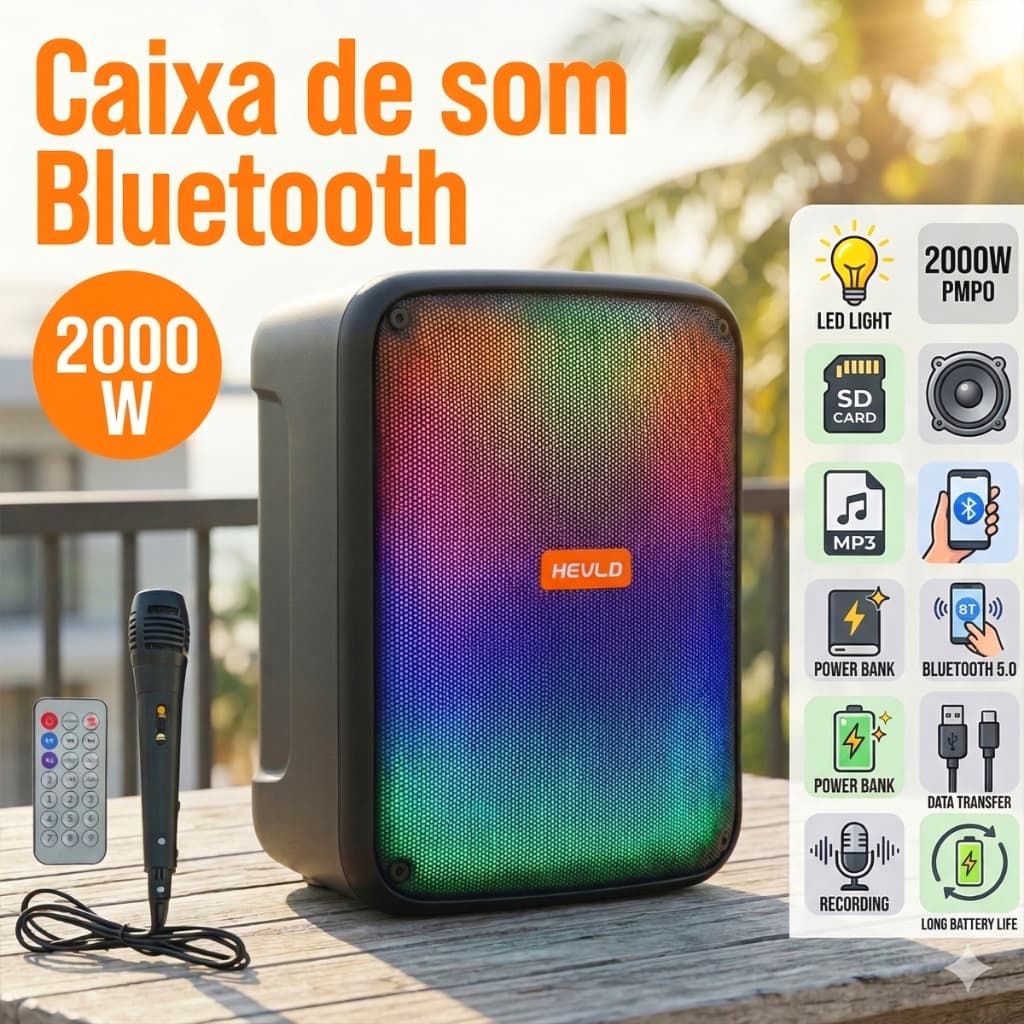 Caixa De Som 2000W Potente + Microfone p/ Karaokê - Bateria p/ Festa Toda - LED RGB/Bluetooth