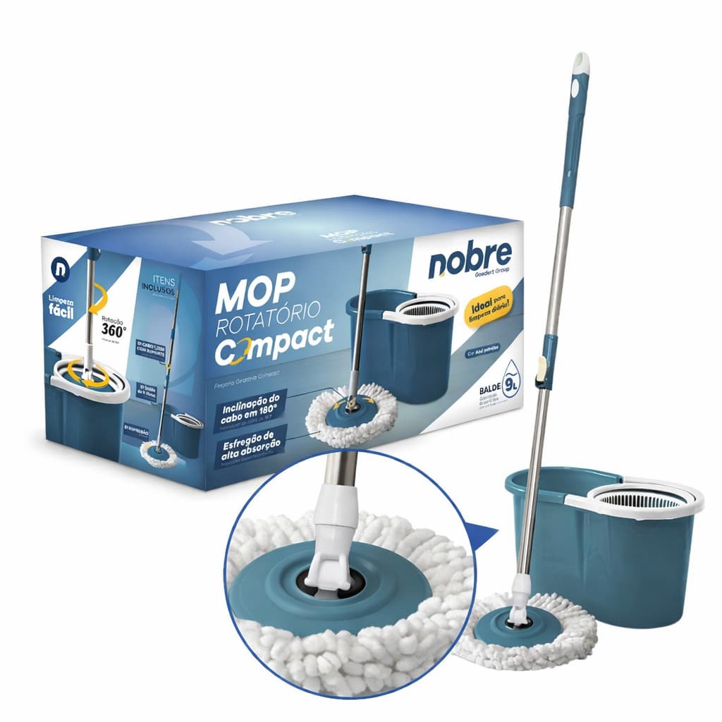 Mop giratório com balde 9L centrifugador para limpeza prática de porcelanato, cerâmica e pisos