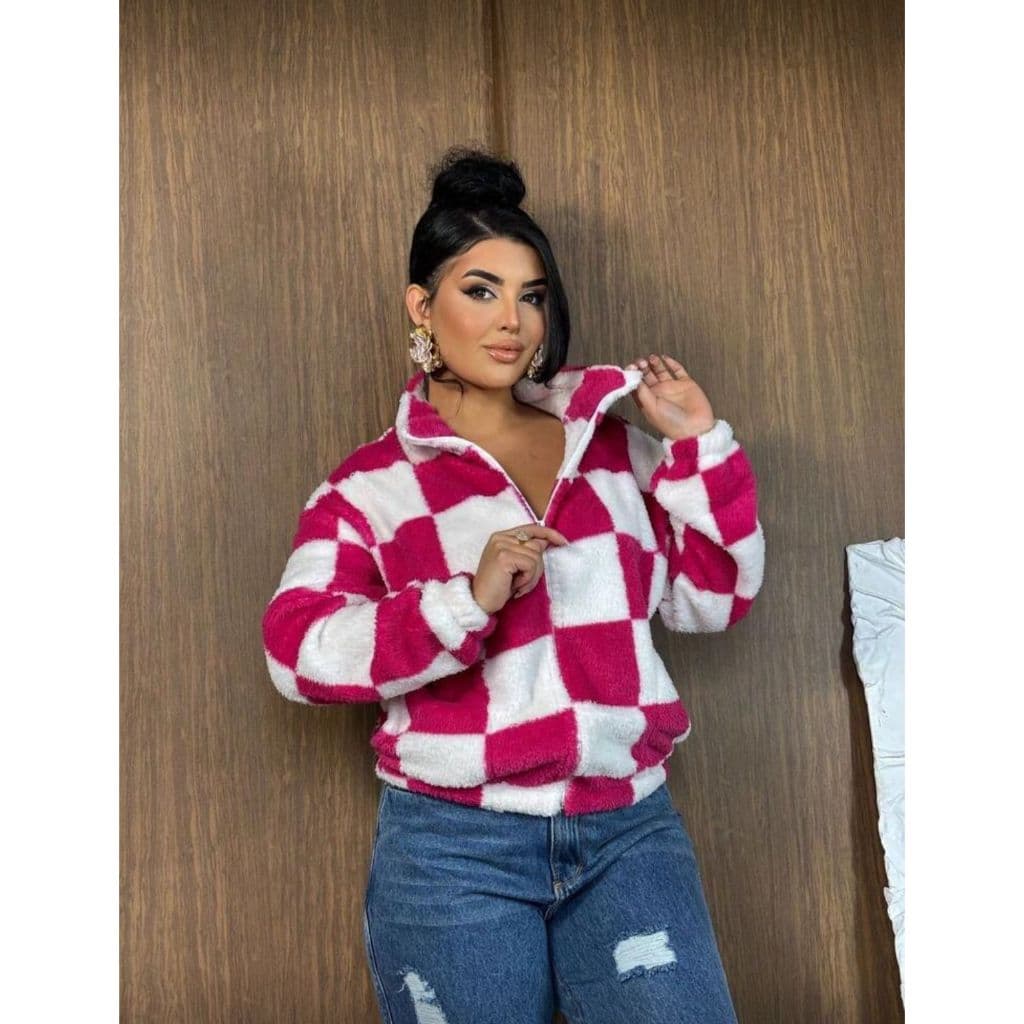 Casaco Feminino Peluciado Xadrez Quadriculado Com Gola alta e Zeper Moda inverno