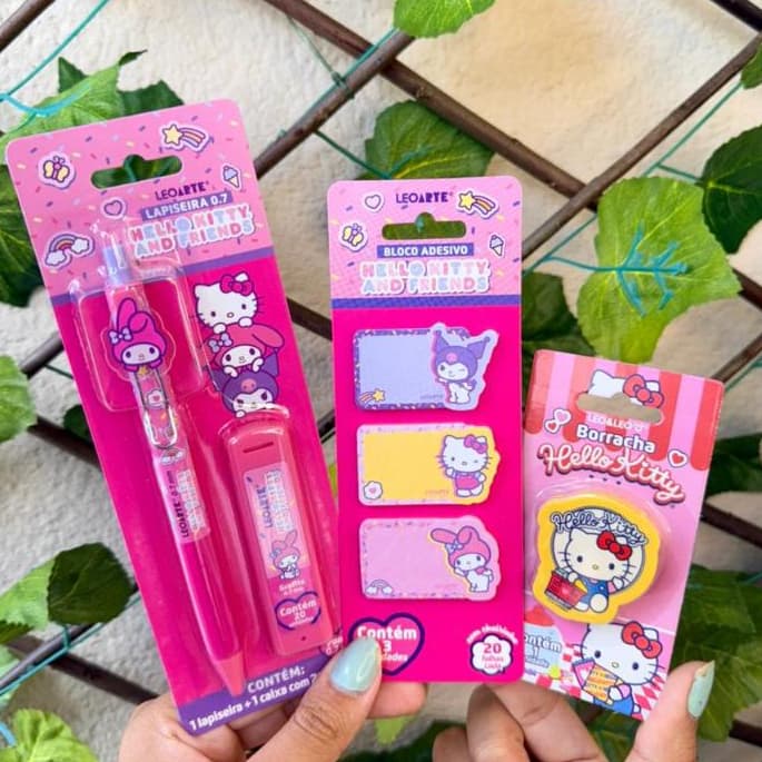 Kit Lapiseira My Melody + Grafites + Bloco de Notas +Borracha Leo&Leo Papelaria Fofa Kawai Material