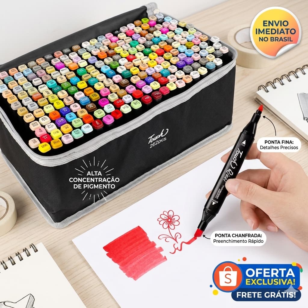 Kit Caneta Marcador Touch  Profissional + Estojo Grátis Ponta Dupla 24 ou 60 Cores para Desenho ArtÍstico