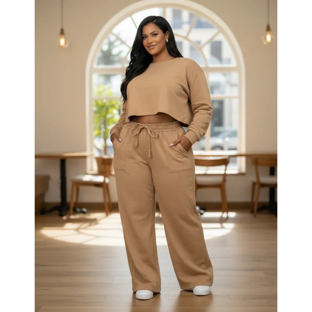 Conjunto Moletom Flanelado Cropped Pantalona Casual Inverno
