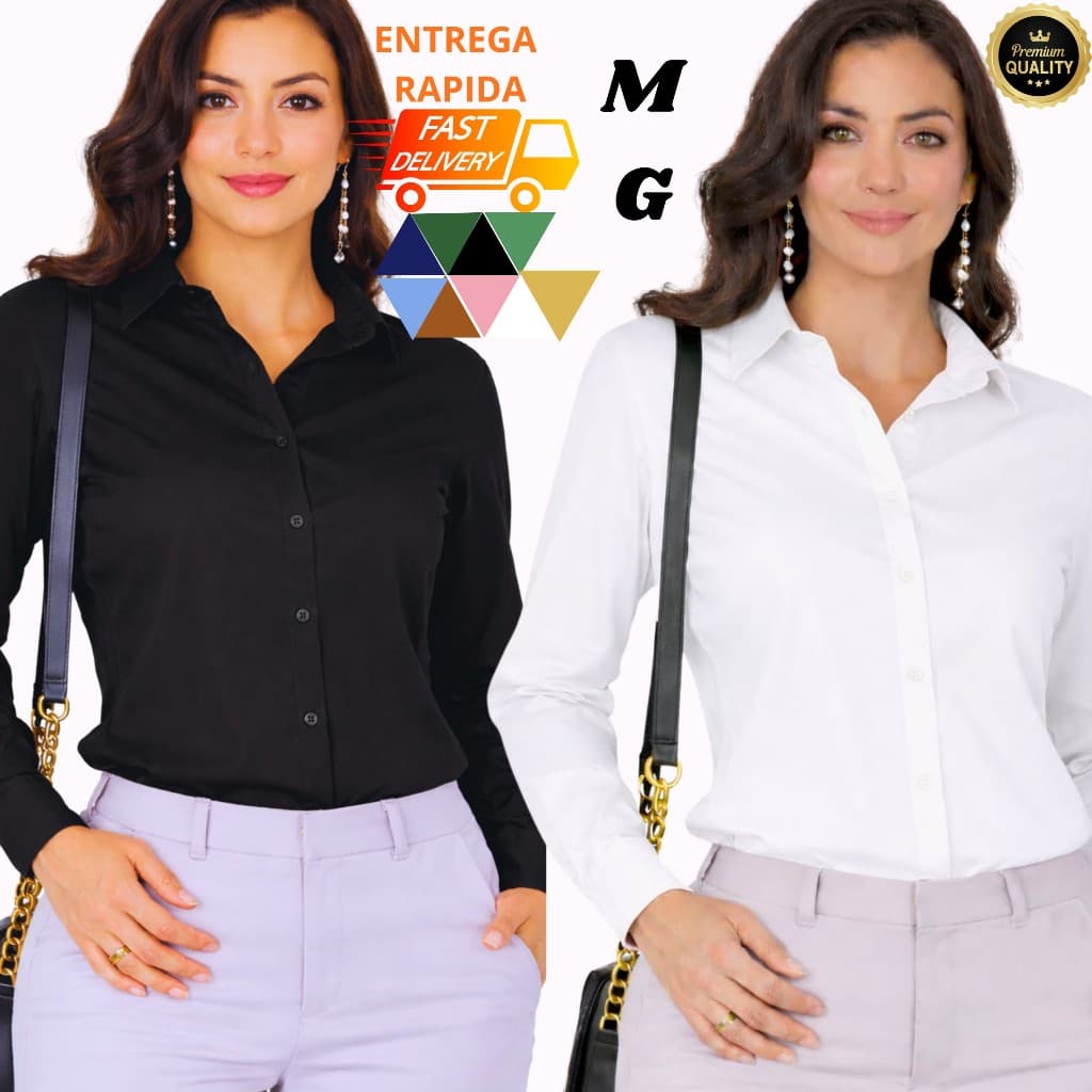 Kit 2 Camisas Femeninas Manga Longa Lisa em Crepinho M  G | Social Moderna