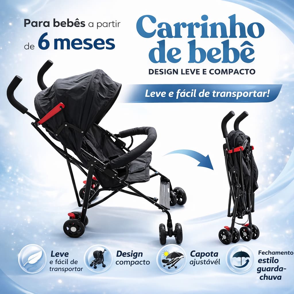 Carrinho de Passeio Infantil Dobrável Tipo Guarda-Chuva para Lazer e Viagem Bebê Seguro Uso em Áreas Externas e Urbanas